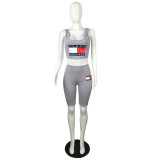 Solid Color Offset Sports Sleeveless Short Set