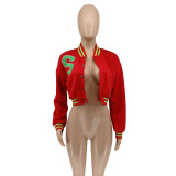 Casual Red Cropped Letter Print Varsity Baseball Jacket