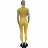 Casual Leopard Pit Print Bodycon Outfits Patchwork Crop Top Legging Pants Lace Up Shirt 2 Piece Set