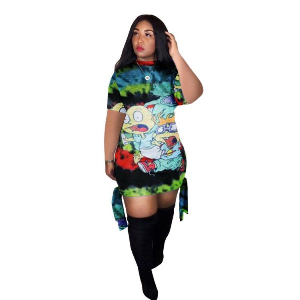 Casual Bandage Printed Cartoon Mini Dress