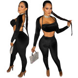 Black Sexy Solid Korean Velvet Patchwork Halter Long Sleeve Three Pieces