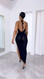 Summer Beachwear Hook Strap Halter Mesh Slit Sunscreen Long Beach Dresses