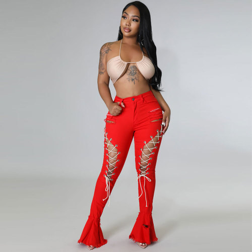 Red Vintage Mid Waist Shredded Eyelet Bandage Denim Flared Pants