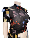 Summer Plus Size Women Print Puffed Short Sleeve Sexy Mesh Long Dress