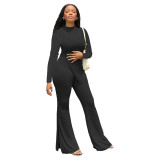 Solid Color Autumn Women's Long Sleeve Irregular Top Slit Flared Pants Two Pieces