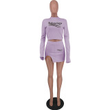 Solid Color Lavender Printed Letter Slit Skirt Set for Women