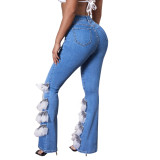 High Waist Button Fly Contrast Mesh Ruffle Trim Flare Leg Jeans