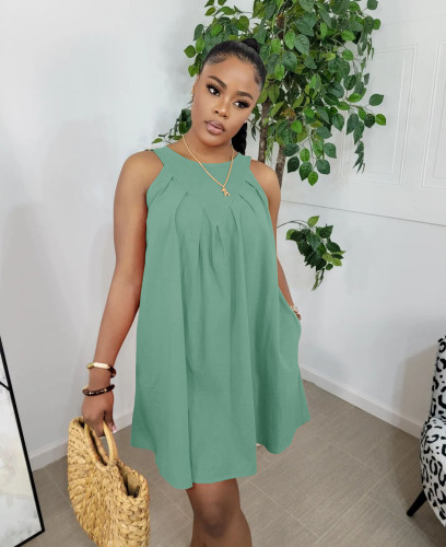 Light Green Solid Color Sleeveless Crew Neck Pleated Cotton Mini Dress with Pocket