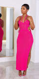Summer Beachwear Hook Strap Halter Mesh Slit Sunscreen Long Beach Dresses