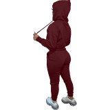 Casual Letter Pyrography Velvet Drawstring Kangaroo Pocket Hoodie & Pants Set