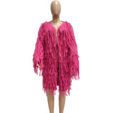 Solid Color Knitted Hand Crochet Fringe Cardigan Sweater