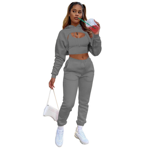 Dark Gray Cotton Fleece Drawstring Jogging Tracksuit Hollow Hoodie Blouse Pants Set and Vest