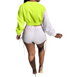 Autumn Color Matching Long Sleeve Eyelet Lace-up Top and Shorts