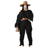 Winter Clothing Casual Black Tassels Sweater Crop Top and Pants 2PC Knit Tracksuit Set