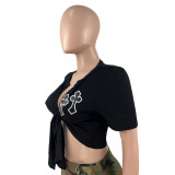 Summer Cross Leather Embroidery Hollow Bandage Shirt