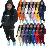 Casual Letter Pyrography Velvet Drawstring Kangaroo Pocket Hoodie & Pants Set