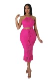 Casual Tassel Fishnet Knit Casual Halter Two Piece Set