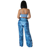 Sexy Faux Denim Print Slit Wide-leg Trousers