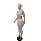 White Sexy See Through Mesh Stitching Sleeveless Crop Top and Trousers
