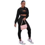 Sportswear 3 Piece Pants Sets Solid Ribbed Pit Track Jogging Sets
