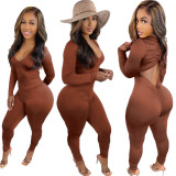 New Fashion Women Solid Long Sleeves Pleated Drawstring Skinny Casual Jumpsuit
