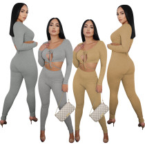 Autumn Rib Hollow Out Sexy Crop Top Two Piece Set