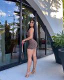 Casual Brown Long Sleeve Printed Single Shoulder Mini Dresses