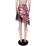 Street Style Camouflage Irregular Mesh Plaid Bandage Skirt Women