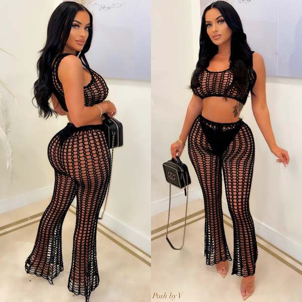 Black Summer Knit Rib Cut Out Beach Wear Cover Sexy Fishnet See Through Tank Crop Top + Pants