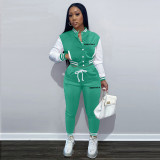 Color Block Jacket Single-Breasted Letter Print Baseball Jersey Tracksuit Two Pieces