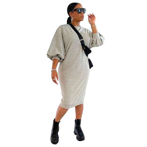 Solid Color 3/4 Sleeve Loose Midi Dress