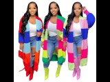 Womens Long Sleeve Color Contrast Knit Long Cardigan Sweaters Coats