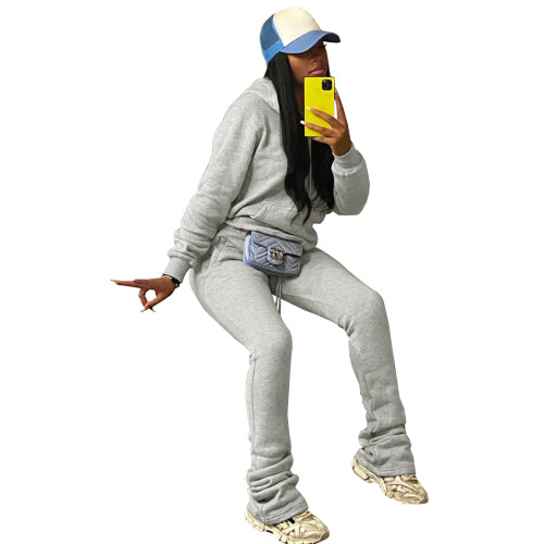 Casual Grey Sweatshirt Sports Drawstring Hoodie Stacked Two-piece Pants Set