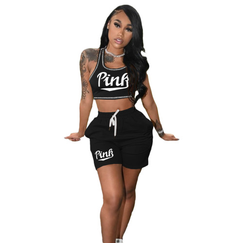 Summer Sleeveless Printed Letter Vest Crop Top And Biker Shorts Sets with Pockets