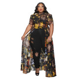 Summer Plus Size Women Print Puffed Short Sleeve Sexy Mesh Long Dress