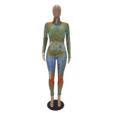 Sexy Long Sleeve Dollar Printed Mesh Jumpsuit