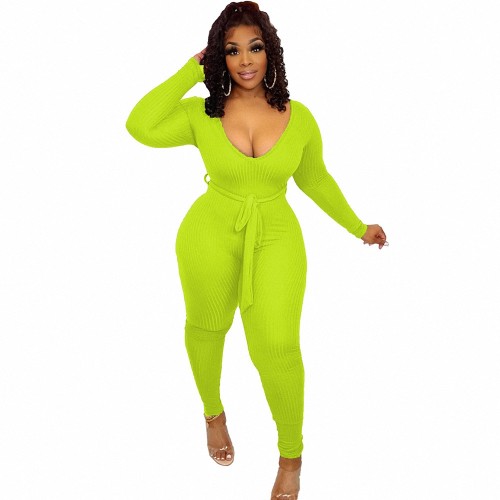 Fluorescent Green Elegant Knitted Ribbed Pencil Long Sleeve Jumpsuit Office Lady V-neck with Sashes High Waist One Piece Overall Playsuits