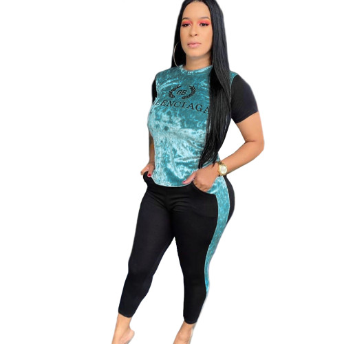Gold Diamond Velvet Embroidered Logo O Neck Top and Pants