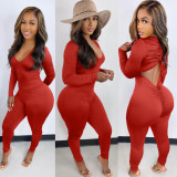 New Fashion Women Solid Long Sleeves Pleated Drawstring Skinny Casual Jumpsuit