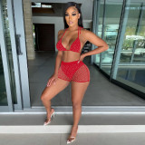 Summer Red Beachwear Sexy Mesh Sequined Two Piece Short Set