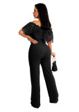Women Slim Ruffle Off Shoulder Short Sleeve Solid Long Pants Jumpsuit with Belt
