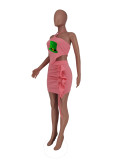 Wholesale Pink Print Halter Backless Pleated Skirt Set 2 Piece