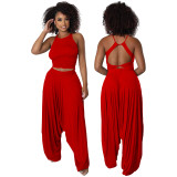 Red Casual Knitted Straps Backless Top & Pleated Harem Pants