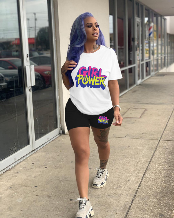 Women Tracksuits Outfit Casual Solid Color Graphic Print Short Sleeve Shorts Two-Piece Set