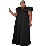 Solid Color Plus Size Woven Ruffled Sleeve V-neck Stitching Party Dress