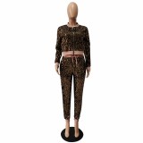 Coffee Sparkly Sequin Threaded Two Piece Set for Women Fall Winter Sport Suit Zipper Sweatshirts Jacket Top and Pants Tracksuit Clubwear