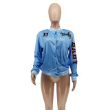 Autumn Women Light Blue Printed Baseball Crop Jacket