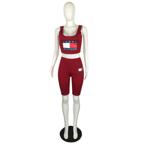 Solid Color Offset Sports Sleeveless Short Set