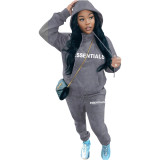 Casual Letter Pyrography Velvet Drawstring Kangaroo Pocket Hoodie & Pants Set