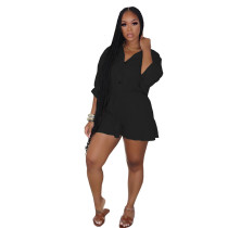 Solid Color Black Convertible Collar Ruffled Short Romper